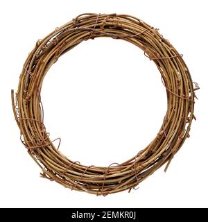 Braided twiggen wreath, round border or template for traditional seasonal decoration, isolated on white background Stock Photo