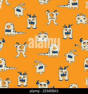 Seamless vector pattern with white monsters on yellow background. Simple cartoon wallpaper design. Crazy fashion textile for children. Stock Vector