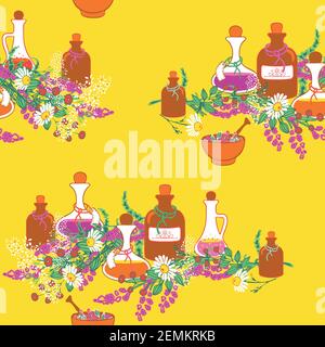 Seamless vector pattern with herb bottles and plants on yellow background. Aromatherapy wallpaper design with lavender and chamomile. Stock Vector