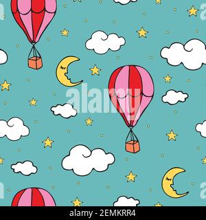 Seamless vector pattern with air balloons on light blue background. Repeat wallpaper design with hot balloons in sky. Stock Vector