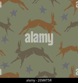 Seamless vector pattern with brown bunny's with light blue stars. Jumping  hare silhouette background. Ideal for textile, fashion, beauty. Stock Vector