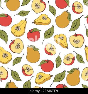Seamless vector pattern with apples and pears on white background. Simple vintage wallpaper design. Healthy food fashion textile. Stock Vector