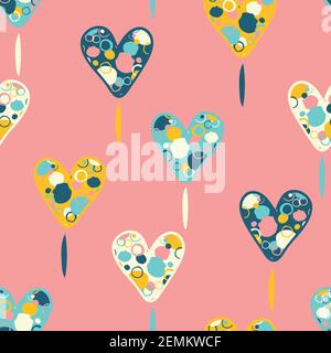 Seamless vector pattern with textured hearts on pink background. Valentines day artistic wallpaper design. Romantic decorative fashion textile. Stock Vector