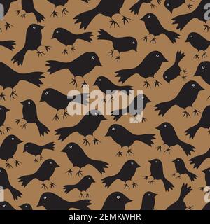 Seamless vector pattern with silhouettes of blackbirds on brown background. Simple wallpaper design with birds. Stock Vector