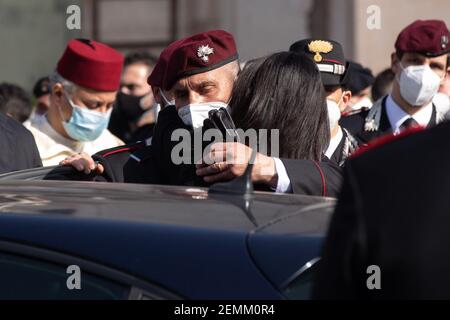 Rome, Italy. 25th Feb, 2021. Relatives of carabiniere killed Vittorio Iacovacci after the funeral in Rome, Italy on February 25, 2021. (Photo by Matteo Nardone/Pacific Press/Sipa USA) Credit: Sipa USA/Alamy Live News Stock Photo