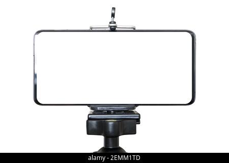 Mobile Phone isolated on tripod in white background, blank screen for text and design Stock Photo