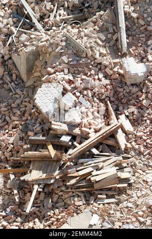 Debris on building demolition or explosion site, view from above. Stock Photo