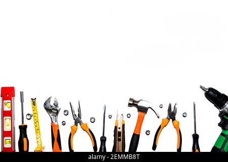Group of used mechanical tools on a white background. With place for text,. Stock Photo