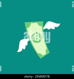 dollar banknote with white wings. Flat blue background. Flying money. Economy, finance, money pictogram. Wealth symbol. Vector illustration. Free, eas Stock Vector
