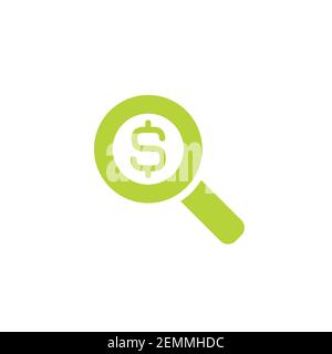 Vector Illustration of green magnifier glass with green dollar sign. Pictogram Isolated o white. Financial Audit Loupe icon. Stock Vector