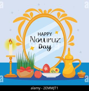 Happy Nowruz day greeting card, template for your design. New Year in Iran. Vector illustration, clip art. Stock Vector