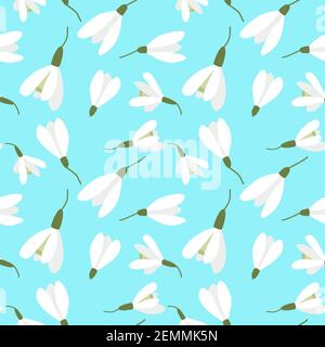 Seamless background with snowdrops. Vector. A repeating pattern with spring flowers. White flowers on a blue background. Stock Vector