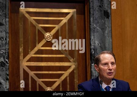 WASHINGTON, DC - FEBRUARY 25: Senate Finance Committee Chairman Ron Wyden (D-OR) speaks at the Senate Finance Committee hearing at the US Capitol on February 25, 2021 in Washington, DC. Katherine Tai is President Joe Bidens pick for US Trade Representative. (Photo by Tasos Katopodis/Pool/Sipa USA) Stock Photo