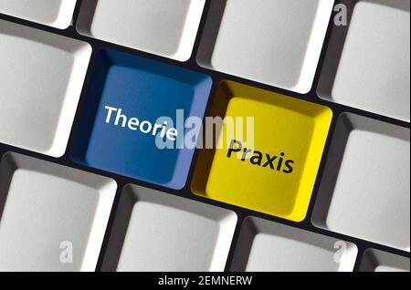 Theory or practice in German language Theorie oder Praxis on computer keyboard Stock Photo