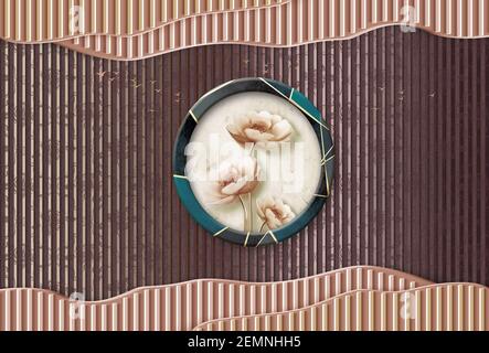 3d mural wallpaper for wall . Brown background and flowers . classic circle Stock Photo