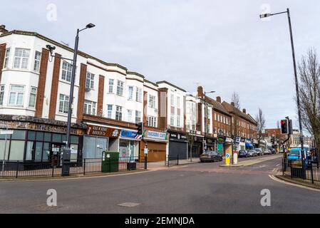 Shops and property architecture in Hamlet Court Road, Westcliff on Sea, Essex, UK, which is originally an Edwardian era retail high street. Art Deco Stock Photo