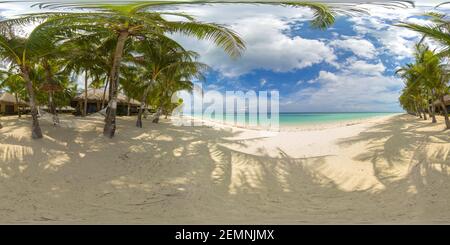 Tropical landscape: beautiful beach with hammock, palm trees by turquoise water. Panglao island, Bohol, Philippines. 360VR. Stock Photo