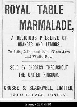 Old Victorian magazine newsprint Crosse & Blackwell marmalade advert from 1897 - before the dawn of advertising standards. Stock Photo