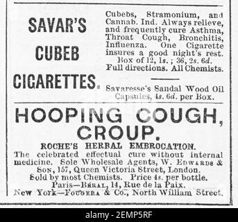 Old Victorian magazine newsprint cough medicine & Savar's medicinal anti-asthma  cigarettes advert from 1894 - before advertising standards Stock Photo