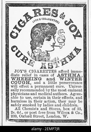 Old Victorian magazine newsprint medicinal Datura cigarette medical advert  (anti-asthma) from 1895 - before advertising standards. Medical history  Stock Photo