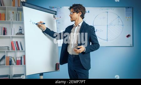 Business Coach for the Company Management Explains How to Train your Team Efficiently, Writing on Whiteboard. Online Courses, Remote Work, Video Stock Photo