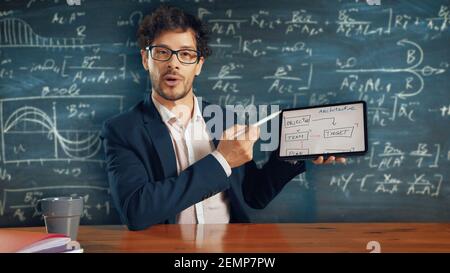 E-Education Concept: Teacher Sitting at Desk, Explains Lesson to a Classroom Using Digital Tablet Computer, Blackboard Behind. e-Learning, Online Stock Photo