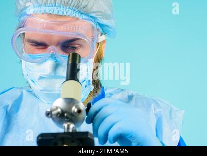 Doctor with microscope. Scientific research. Medical equipment. Laboratory researcher concept. Stock Photo