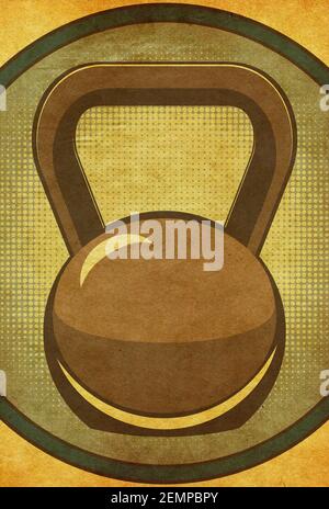 Abstract fitness themed retro design, dumbbells and kettlebell paper ...