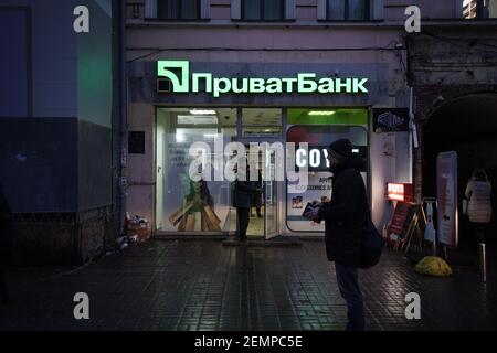 A branch of the PrivatBank is seen in central Kyiv, Ukraine on March 27, 2019. PrivatBank is Ukraine's largest commerical bank but was nationalised in 2016 due to a 5.6 billion dollar gap in it's budget as a result of fraud. On Sunday the first round in the presidential elections will take place in which comedian Volodymyr Zelenskiy is leading in the polls. Zelenskiy is a close associate to the former owner of PrivatBank and has said that re-privatisation of the bank would be considered if he were to be elected president. (Photo by Jaap Arriens / Sipa USA)