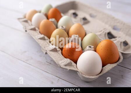 Fresh eggs from free range chickens on a small farm, beautiful colorful eggs from different breeds of chickens Stock Photo