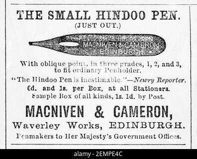 Old Victorian magazine newsprint Macniven & Cameron 'Hindoo' pen nib advert from 1894 - before the dawn of advertising standards. Stock Photo