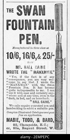 Old Victorian magazine newsprint Swan Fountain Pen advert from 1895 - before the dawn of advertising standards. History of pens. Stock Photo