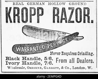 Old Kropp straight-edge razor advert from 1881 - before the dawn of advertising standards. History of advertising, old men's grooming product adverts. Stock Photo