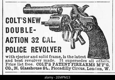 Old UK Colt handgun advert from 1897 - before dawn of advertising standards and when firearms readily available. History of advertising, old adverts. Stock Photo