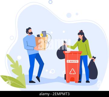 People trow old gadget in e-waste bin Stock Vector
