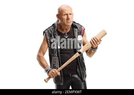 Angry punker holding a bat isolated on white background Stock Photo