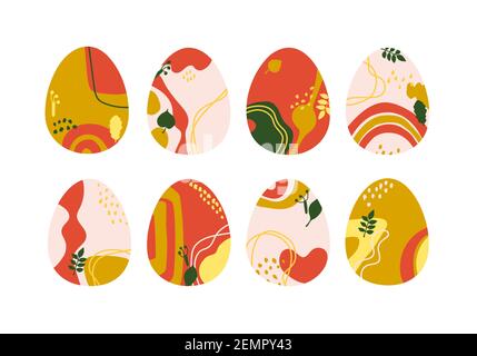 Abstract multicolor composition in the shape of an egg. Set of decorative Easter eggs. Spots, blots, leaves, illustration for design. Isolated over wh Stock Vector