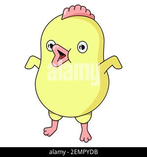 Happy Easter cute chicken with an open beak in the cartoon style. Holiday card in bright colors - pink, yellow. Square vector flat illustrations isola Stock Vector