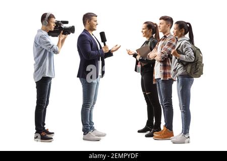 Cameraman and a reporter interviewing a group of students isolated on white background Stock Photo