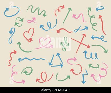 Doodle arrows. Sketch pastel curved arrow handmade elements. Outline red, pink, blue and green direction pointer isolated vector symbols Stock Vector