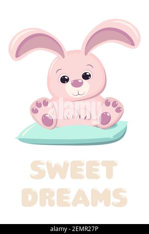 Happy Easter cute pink bunny rabbit on the blue pillow with the text Sweet Dreams. A greeting card or banner of bright colors. Vector illustration in Stock Vector