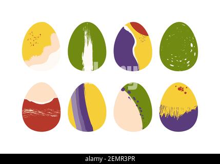 Conceptual design of Easter eggs. Abstract style trend illustrations. Spots, swears, lines. Vector isolated on white background. Stock Vector