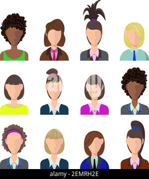 Women avatar set vector flat illustration. Woman profiles silhouette with a variety of suits and uniforms. Avatar portrait with different hair good for r Stock Vector