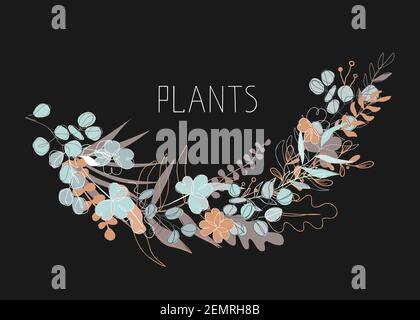 Abstract floral vector illustration on dark background. Trendy continuous line drawing style and pastel colors. Plants and leaves with copy space for Stock Vector