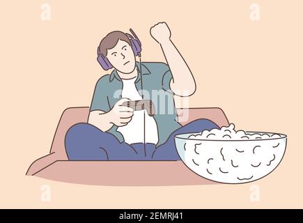 Home rest, playing games concept. Resting at home. Handsome young man playing video games. Stock Vector