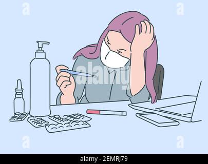 Healthcare, quarantine, protection, coronavirus infection concept. Ill young woman girl with medical face mask puzzled looking at the thermometer. Stock Vector