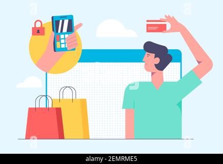 Online mobile shopping concept. Vector illustration in flat style design. Man buying products from bank card and make payment on internet. Stock Vector