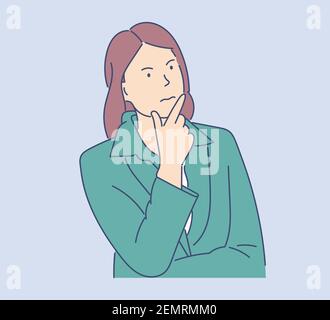 Problem, question, thinking concept. Young business woman choose decide dilemmas solve problems finding new ideas. Hand drawn style vector design Stock Vector