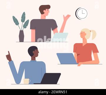 Friendly teamwork collaboration vector illustration. Cooperation time. Team of co-workers creative new project together flat style design. Stock Vector