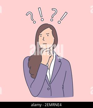 Problem, question, thinking concept. Young business woman choose decide dilemmas solve problems finding new ideas. Hand drawn style vector Stock Vector